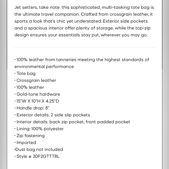 MICHAEL KORS JET SET CROSS GRAIN LEATHER TOP ZIP TOTE BAG - Picture 2 of 13